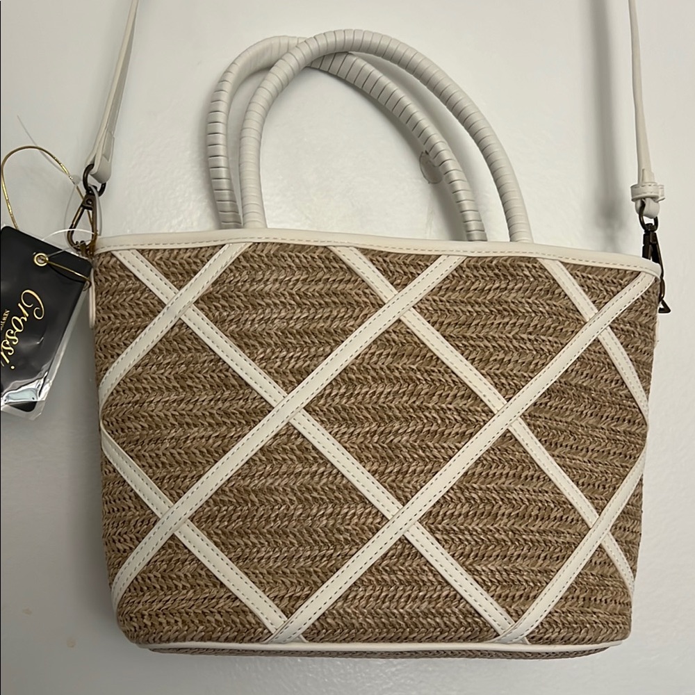 White and Tan Woven Tote Bag